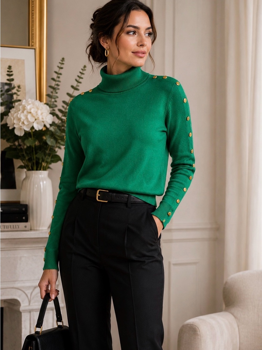 Lauren Michelle XL Green Turtleneck Sweater Gold Button Sleeve Detail